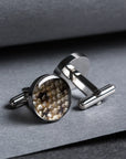 Round Cufflinks with Black Spotted Leather Detail