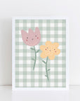 Happy Flowers Print - Green Gingham