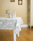 Elegant Winter Snowflakes Tablecloth – Gold & Grey Design by Hortensias Home at www.brixbailey.com