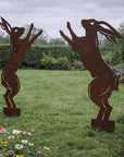 Pair Of Rusty Metal Boxing Hares Garden Decoration