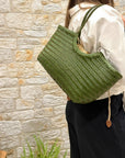 Carmel - Genuine Leather U Shape Handwoven Tote Bag Green