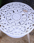 Luxury Elysian Bloom two-tier shabby chic side table, vintage white floral cut-out design, stylish home decor accent by Maravi at brixbailey.com
