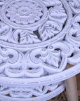 Elysian Bloom two-tier shabby chic side table, vintage white floral cut-out design, premium pine wood and MDF, stylish home decor accent by Maravi at brixbailey.com