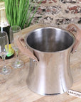 Navin luxury champagne ice bucket, premium double wall aluminum, stylish polished silver, handcrafted leather handles, best-selling elegant drink cooler by Maravi at brixbailey.com