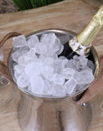 Luxury Navin champagne ice bucket, double wall aluminum, sleek silver finish, premium leather handles, elegant round design by Maravi at brixbailey.com