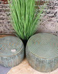 Luxury Jodai Drum Side Table Set, antiqued gold verdigris finish, elegant punched-out pattern, versatile metal decor piece by Maravi at brixbailey.com