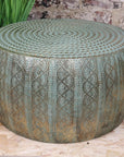 Luxury Jodai Drum Side Table Set, Antiqued Gold Verdigris Finish, Handcrafted Metal Side Tables, Stylish Home Decor by Maravi at brixbailey.com