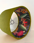 Olive green velvet wonderland drum lampshade, double sided lampshade with wonderland paper interior