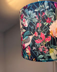 Botanical geometric black velvet lampshade / ceiling shade, with a white lining