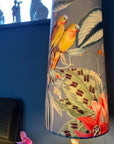 Tropical birds grey Velvet cone lampshade, extra tall lampshade