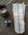 Long oven glove linen blue stripes gauntlet style