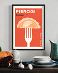 Premium Pierogi Retro Polish Food Poster, luxury high-quality print on 230gsm paper, framed options available in black white oak by Little Egret Design at brixbailey.com