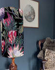 Black and pink botanical Velvet cylinder lampshade, extra tall lampshade