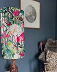 Botanical geometric birds Velvet cylinder lampshade, in white, extra tall lampshade