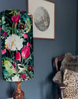 Botanical geometric birds Velvet cylinder lampshade, in black, extra tall lampshade