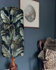 Navy Leaves Velvet cylinder lampshade, extra tall lampshade