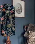 Birds velvet cylinder lampshade, in midnight, extra tall lampshade