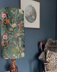 Birds velvet cylinder lampshade, in grey, extra tall lampshade