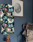Summer garden Velvet cylinder lampshade, in midnight, extra tall lampshade