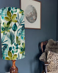 Rainforest Velvet cylinder lampshade, in blue and green, extra tall lampshade
