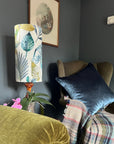 Rainforest Velvet cylinder lampshade, in blue and green, extra tall lampshade