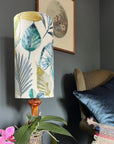 Rainforest Velvet cylinder lampshade, in blue and green, extra tall lampshade