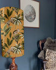 Jungle Monkey Mustard Cotton Lampshade | Extra Tall Cylinder Ceiling Light Shade | Bespoke Handmade UK