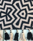 Premium monochrome flat weave rug, handmade in India with pure wool, stylish geometric design, large edge tassels, neutral tones, 170x240cm by Maria Starling Design at brixbailey.com