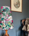 Botanical, geometric white velvet cone lampshade, extra tall lampshade