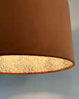 Burnt Orange Velvet & William Morris Blue Willow Leaves Double Sided Drum Lampshade | Handmade Ceiling Light Shade | Bespoke UK