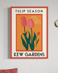 Luxury Kew Gardens tulip season travel poster, premium mid-century inspired artwork, vibrant A5 to A0 prints, framed options available by Little Egret Design at brixbailey.com