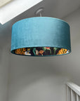 Teal velvet wonderland drum lampshade, double sided lampshade with wonderland paper interior