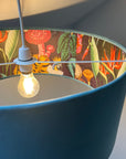 Teal velvet wonderland drum lampshade, double sided lampshade with wonderland paper interior