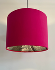 Cerise pink velvet drum lampshade/ ceiling light shade with blue leaves paper interior