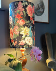 Peacock floral Velvet cylinder lampshade, in black, extra tall lampshade