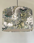 Peacock butterfly velvet in grey, drum lampshade/ ceiling shade, with a white lining