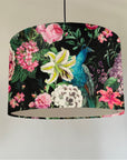 Peacock floral velvet in black, drum lampshade / ceiling shade, with a white lining