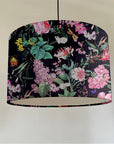 Butterfly floral velvet in black, drum lampshade / ceiling shade, with a white lining
