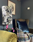 Peacock, butterfly Velvet cylinder lampshade, in black, extra tall lampshade
