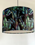 Leaves velvet in black, drum lampshade / ceiling shade, with a white lining