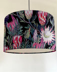 Black and pink botanical velvet drum lampshade / ceiling shade, with a white lining
