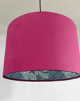 Hot Pink velvet drum lampshade/ ceiling light shade with blue leaves paper interior