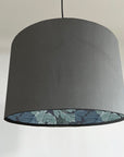 Grey velvet drum lampshade/ ceiling light shade with blue leaves paper interior