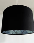 Black velvet drum lampshade/ ceiling light shade with blue leaves paper interior