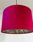 Cerise pink velvet wonderland drum lampshade, double sided lampshade with sage wonderland paper on interior