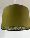 Olive green velvet wonderland drum lampshade, double sided lampshade with sage wonderland paper interior