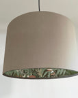 Cream velvet wonderland drum lampshade, double sided lampshade with sage wonderland paper on interior