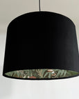 Black velvet drum lampshade/ ceiling light shade with sage wonderland paper interior