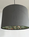 Grey velvet wonderland drum lampshade, double sided lampshade with sage wonderland paper on interior