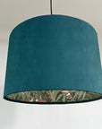 Teal velvet wonderland drum lampshade, double sided lampshade with sage wonderland paper interior